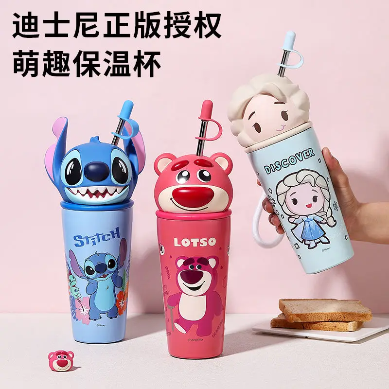 Hot Selling Original Disney Stitch Strawberry Bear Exquisite Style 600ml High-Capacity Cutey Vacuum Cup Straw Cup Kid Xmas Gift