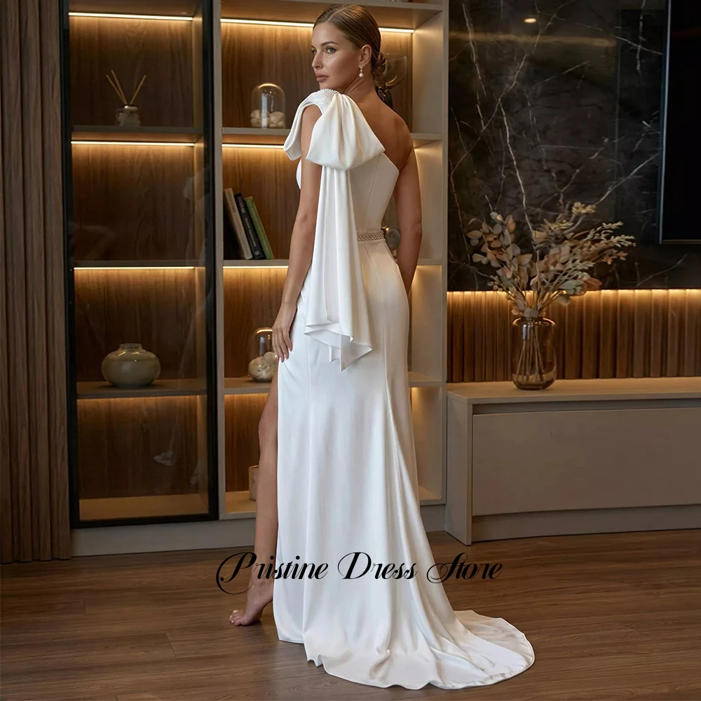 Fashion One Shouder Bow Jersey Wedding Dress with Side Slit Beading Waist Customized Sheath Sweep Train Bridal Gowns for Women
