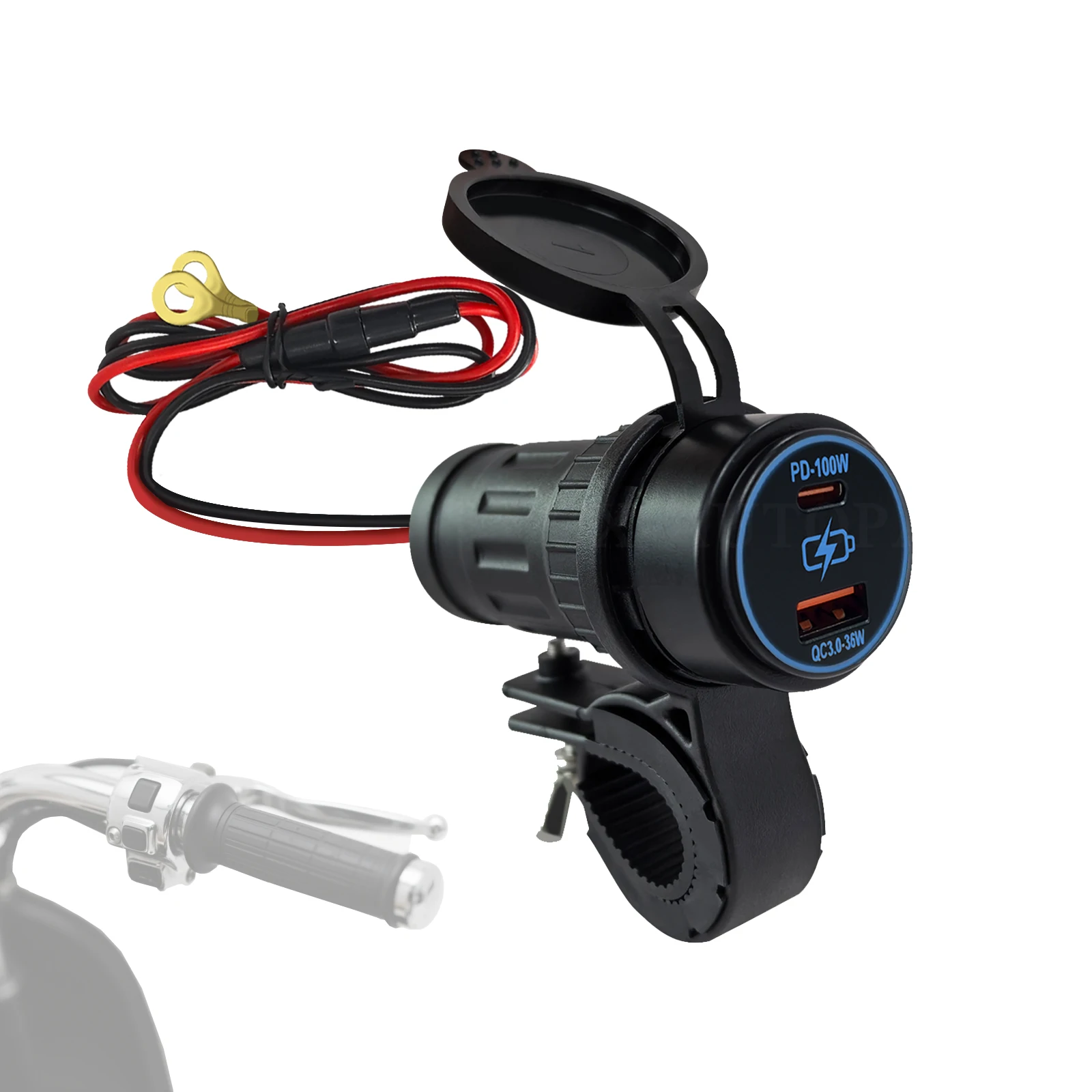 

Motorcycle ATV Handlebar Charger PD100W QC36W USB Type-C Adapter 12V-24V Power Plug Socket Waterproof Outlet with 60mm Wire