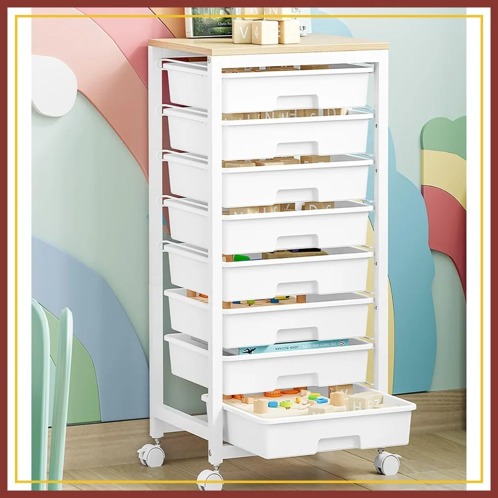 

8 Drawer Rolling Cart with Wooden Tabletop, White Utility Cart for Office Storage