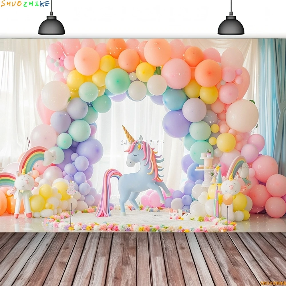 Rainbow Arch Balloons Unicorns Photography Backdrops Props Baby Newborn Birthday Party Decoration Background RA-05