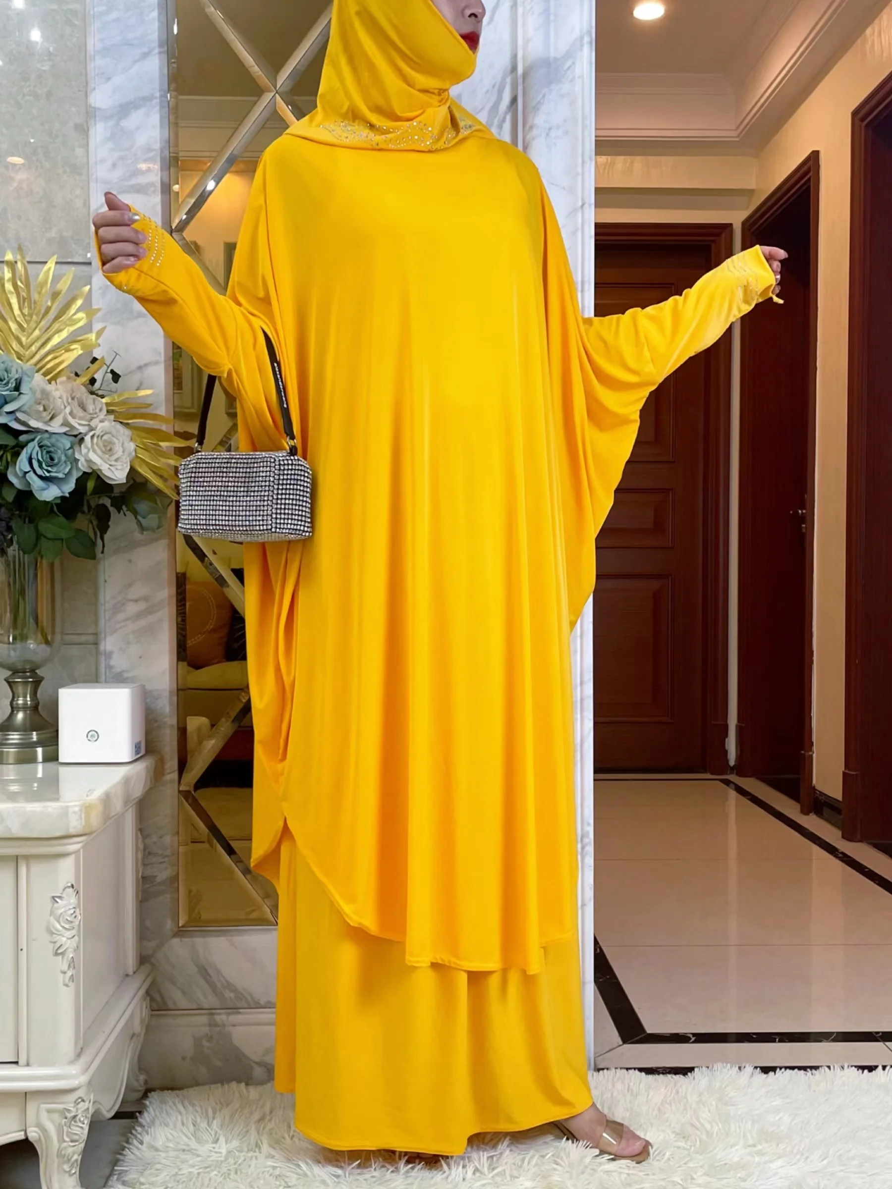 New Eid Hooded Muslim Women Hijabs Dress Prayer Garment  Ramadan Bat Sleeve Clothes Two Piece Set Niqab Islam Dubai Modest Robe