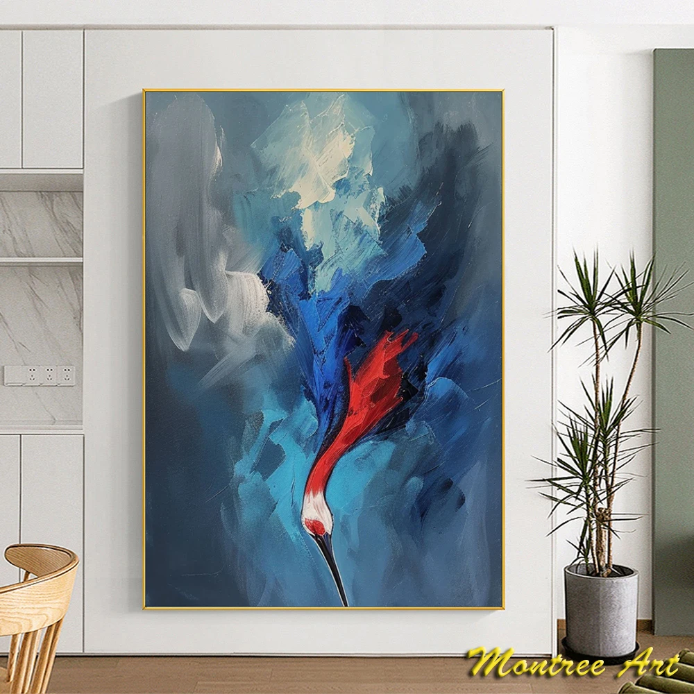 Hand Painted Oil Painting Ren And Blue Abstract Painting Red Crowned Crane Wall Decor Texture Painting Wall Art Maximalist Decor