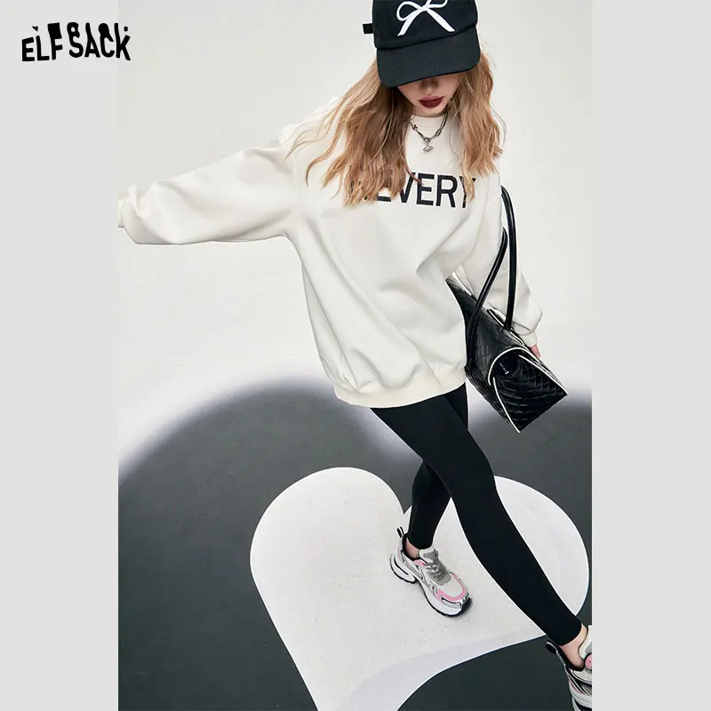 ELFSACK-Camiseta sem costas branca feminina, estampa alfabética em arco grande, manga comprida, gola redonda, blusa solta, estilo de escritório,