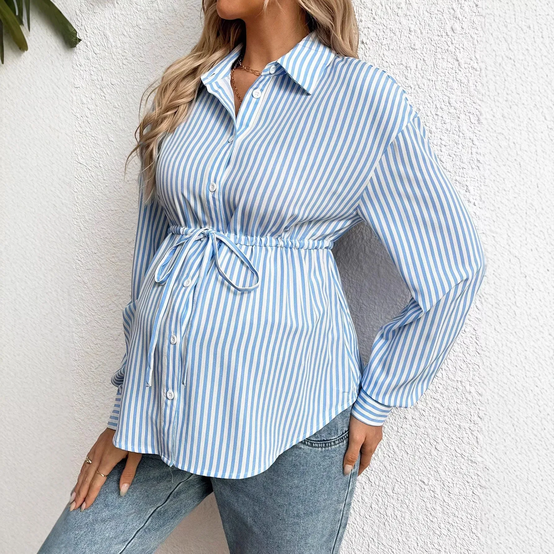 

Платья и юбки для беременных: Полосатое платье на пуговицах для беременных женщин, рубашка с длинным рукавом, весенне-осенняя одежда для беременных