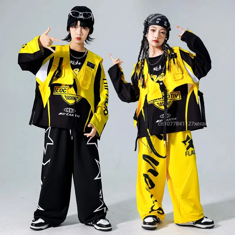 Trajes de dança de rua, coletes de hip-hop infantis, trajes de performance de bateria para meninos, conjuntos de performance de pista de dança de rua para meninas