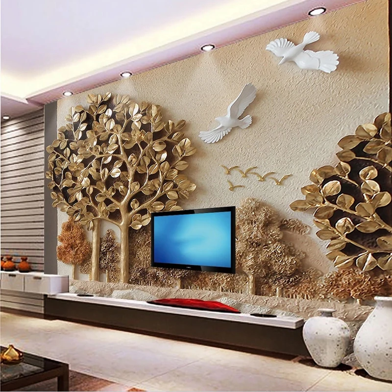 

Custom Size Mural Wallpaper Retro 3D Embossed Tree Forest Painting TV Backdrop Wall Home Decoration Non-woven Oil Canvas Fresco