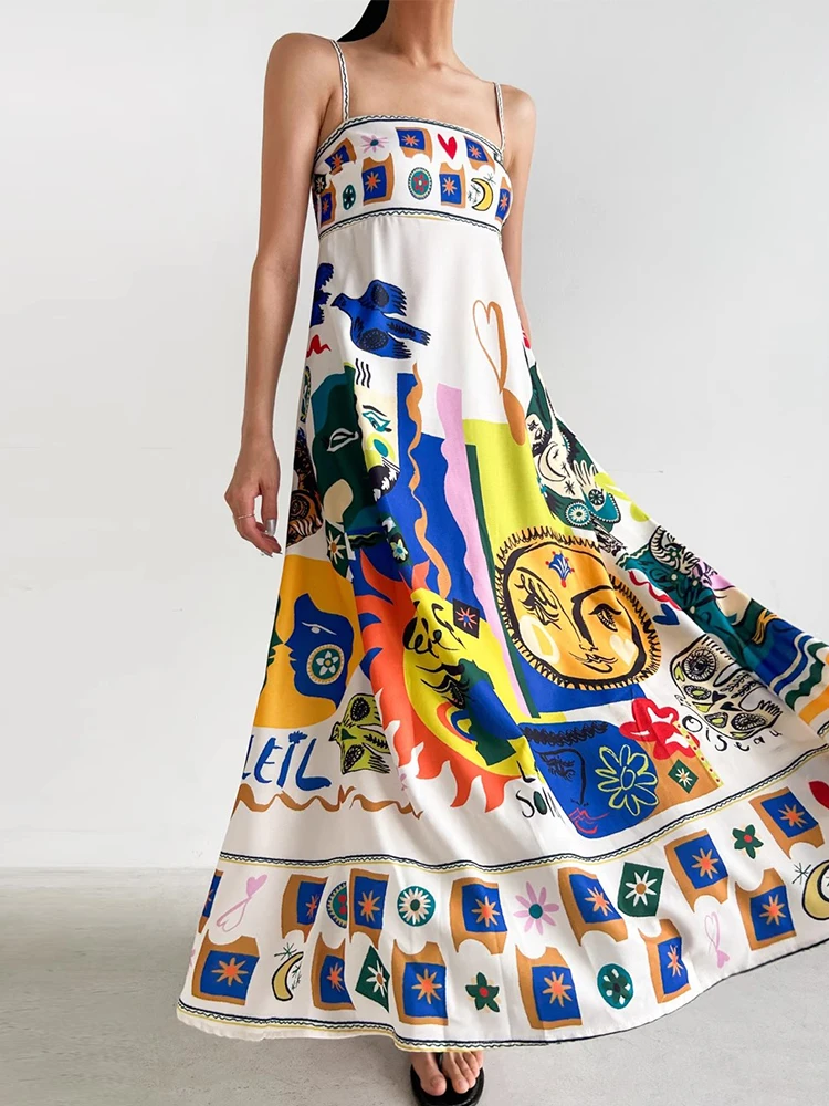 Chic Summer Vintage Holiday Sle Square Ne Abstract fiti Print Design A-Line Strapl Dr Women's High Waist No Brand