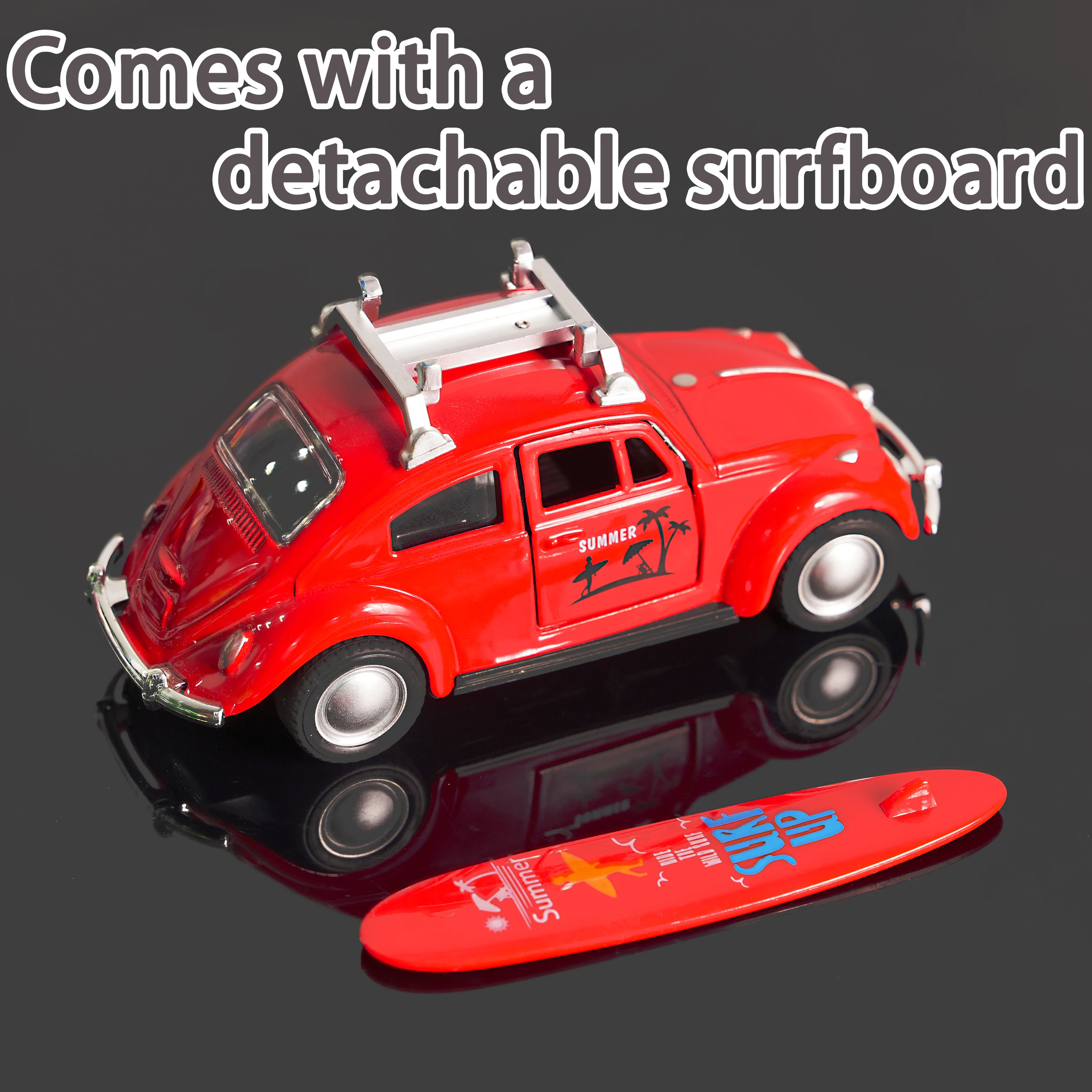 Vintage 1:32 Red Beetle Diecast Car with Surfboard, Retro Pull-Back Model Toy, Open Doors Collectible for Kids & Car Fans
