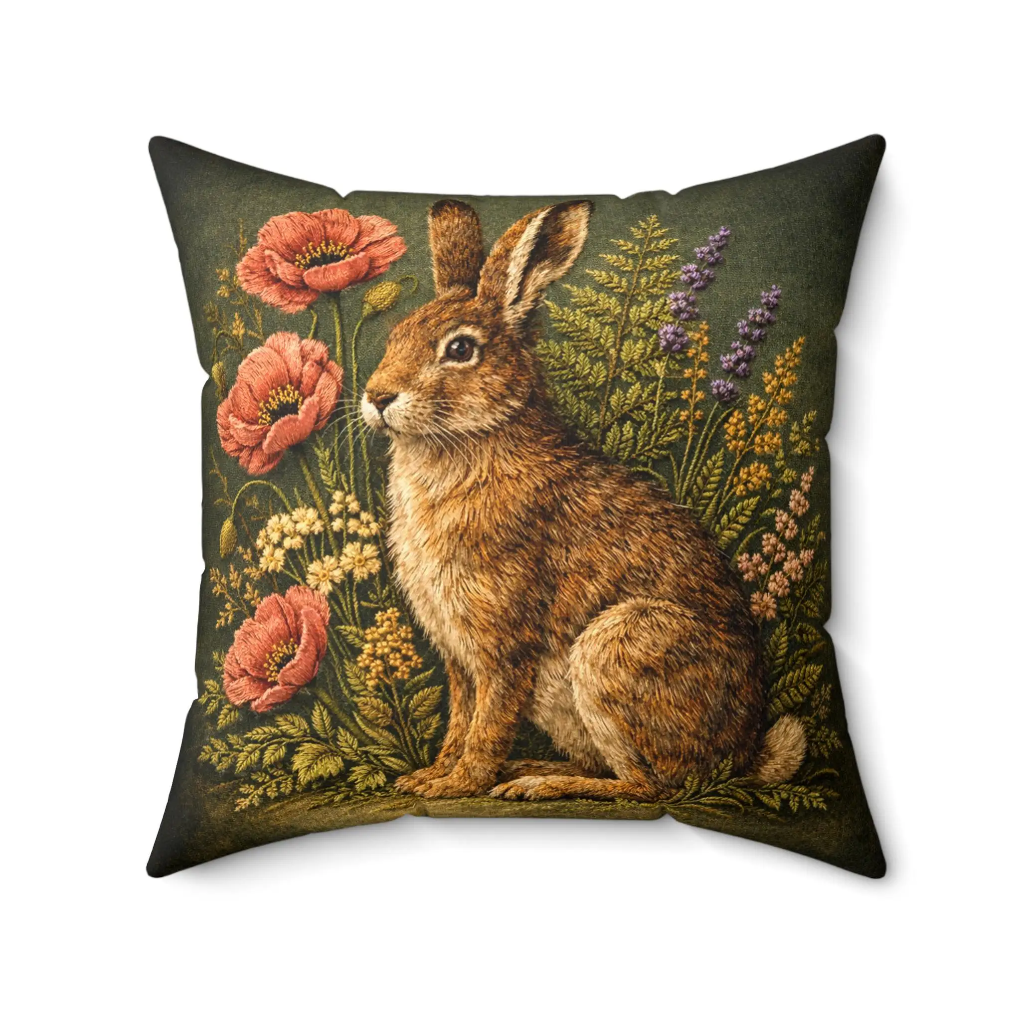 Vintage Hare Pillow, Floral Print, Cottagecore Woodland Decor