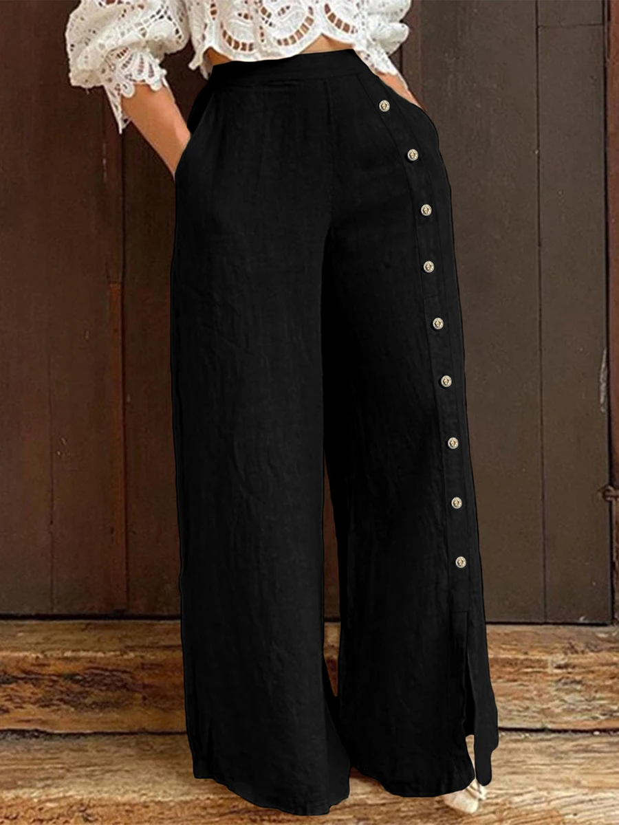 Women Casual High Waist Wide Leg Pants Vintage Solid Button Split Hem Loose Trousers Summer Pantalon Femme