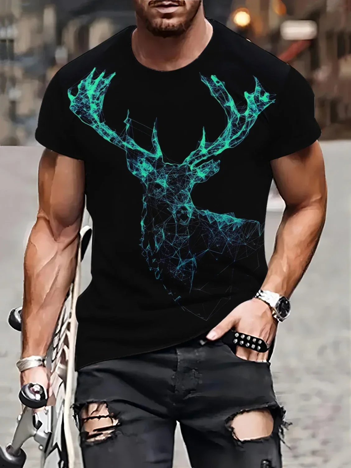 Vintage T-Shirt For Men Deer Horn Pattern Tee Shirt Streetwear 3D Printing Casual O Neck Harajuku Oversized Men's Clothing Tops