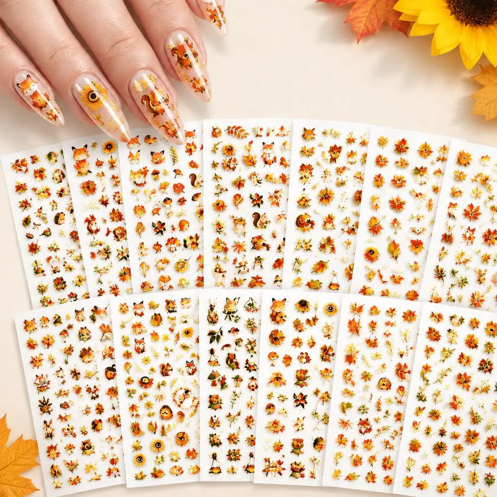 12Pcs Self-Adhesive Festive Nail Stickers Autumn Mushroom Sunflower Fall Leaf Gold Foil Decals Nail Sliders Decals Supplies Kit