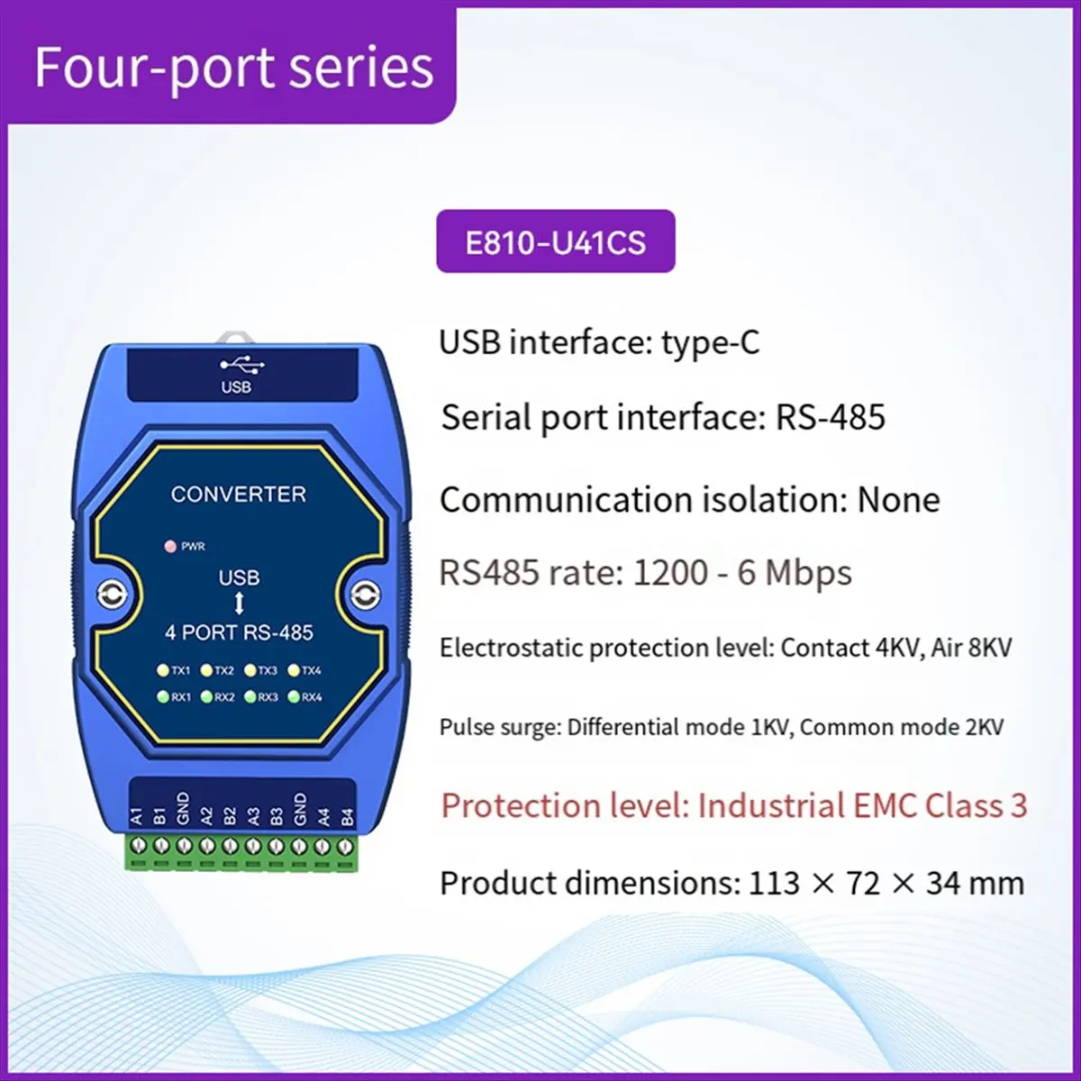 Top Sale USB to -485 Serial Port Converter 4 Serial Ports E810-U41CS USB-C Interface 6M Rate Industrial Grade Without