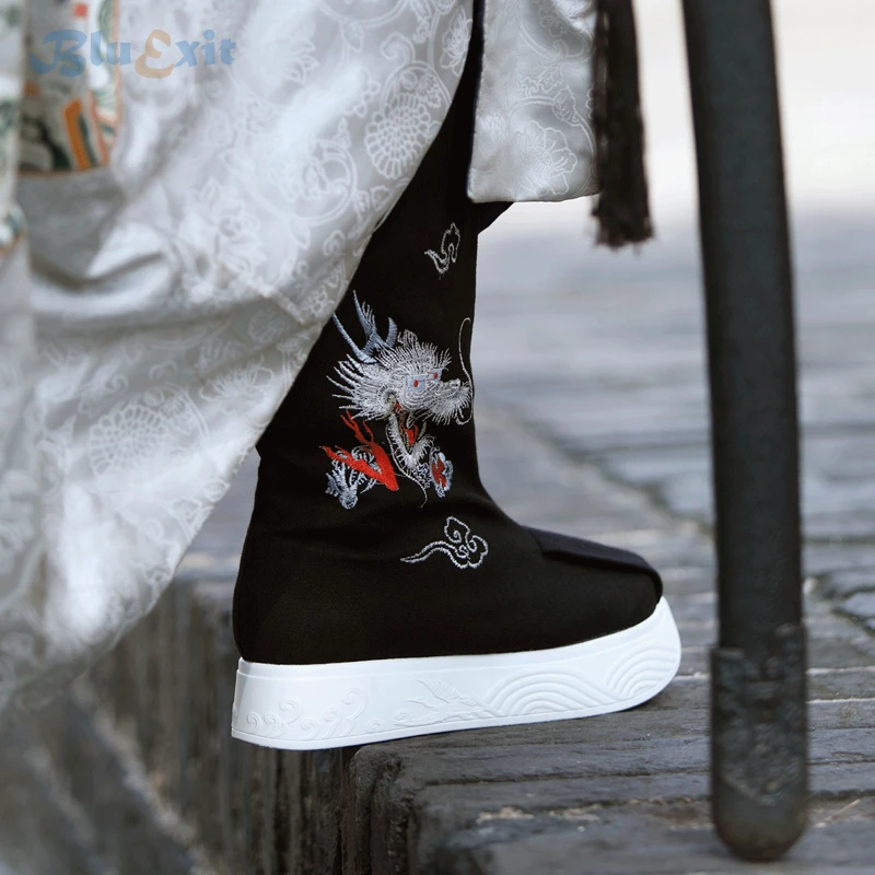 

The Song Ming Dynasty Platform Heels Shoes Mid-Calf Boots Chinese Traditional Hanfu Wedge Ancient Embroidery Dragon Large Size