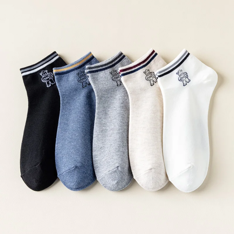 5 Pairs Men's Bear Patterned Cotton Socks Breathable Moisture Absorption Casual Sports Socks Size 38-44