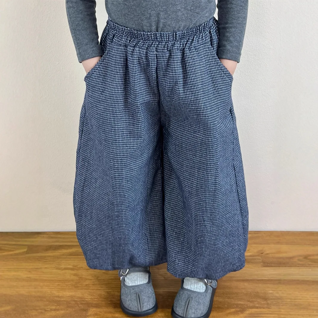 

Korean Version of Girls Spring and Autumn Retro Blue Plaid Loose Lantern Casual Wide-leg Pants Trousers