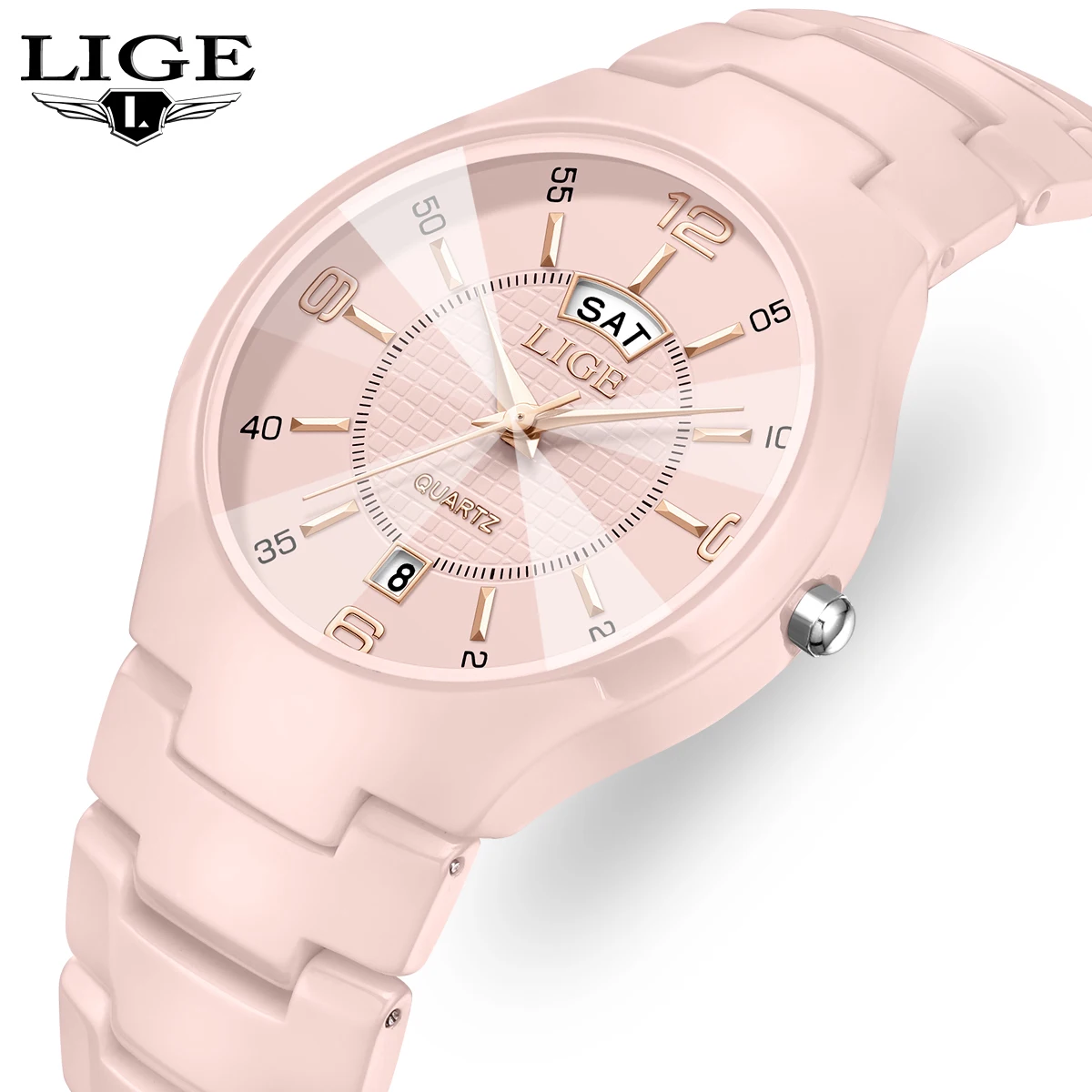 

LIGE НОВЫЕ женские часы, керамические модные элегантные розовые женские часы, кварцевые часы с календарем недели, женские наручные часы, роскошные reloj + коробка