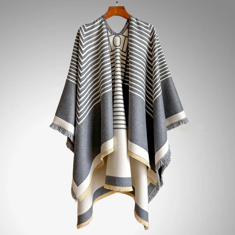 2025 nouvelle Cape rayure fendu vêtements d'extérieur femmes Cape chaude fausse écharpe en cachemire automne/hiver courte frange châle Poncho P2