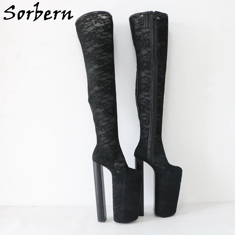 Sorbern 30Cm Block Heel Women Boots Black Lace Over The Knee Platform Shoes Custom Fetish Drag Queen Boot Cosplay Heeled