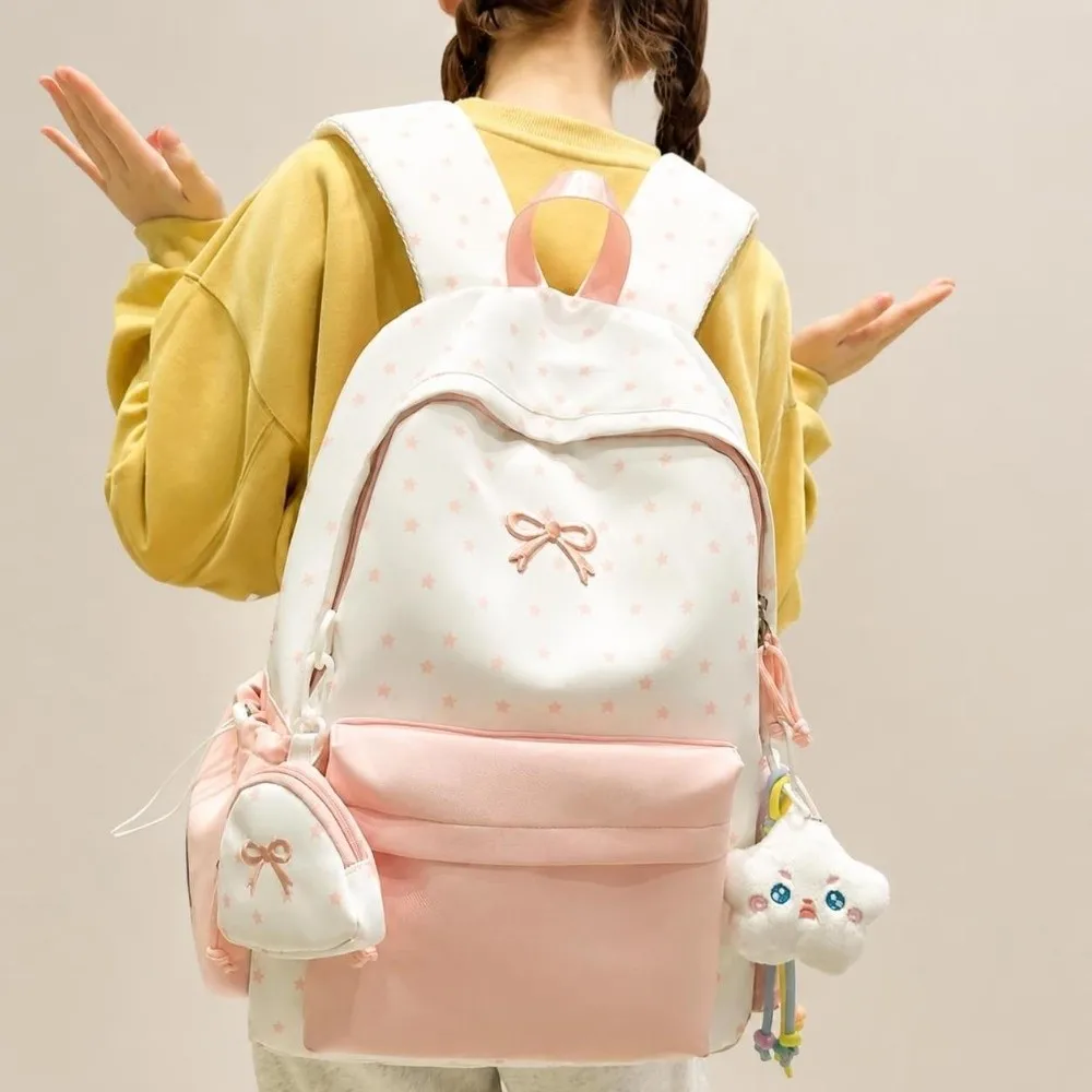 Large Capacity Bowknot Backpack Lightweight with Wallet Star Polka Dot Backpack Multifunctional Black Nylon Mochilas for Women