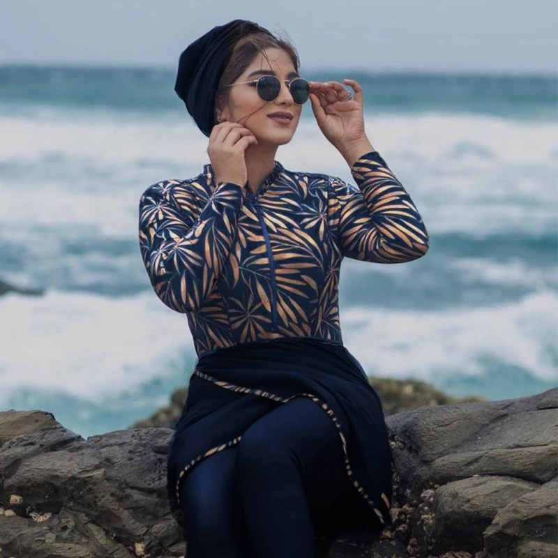 3 peça maiô muçulmano swimwears feminino impresso liso retalhos hijab mangas compridas esportes islâmico burkinis wear 2022 nova mulher