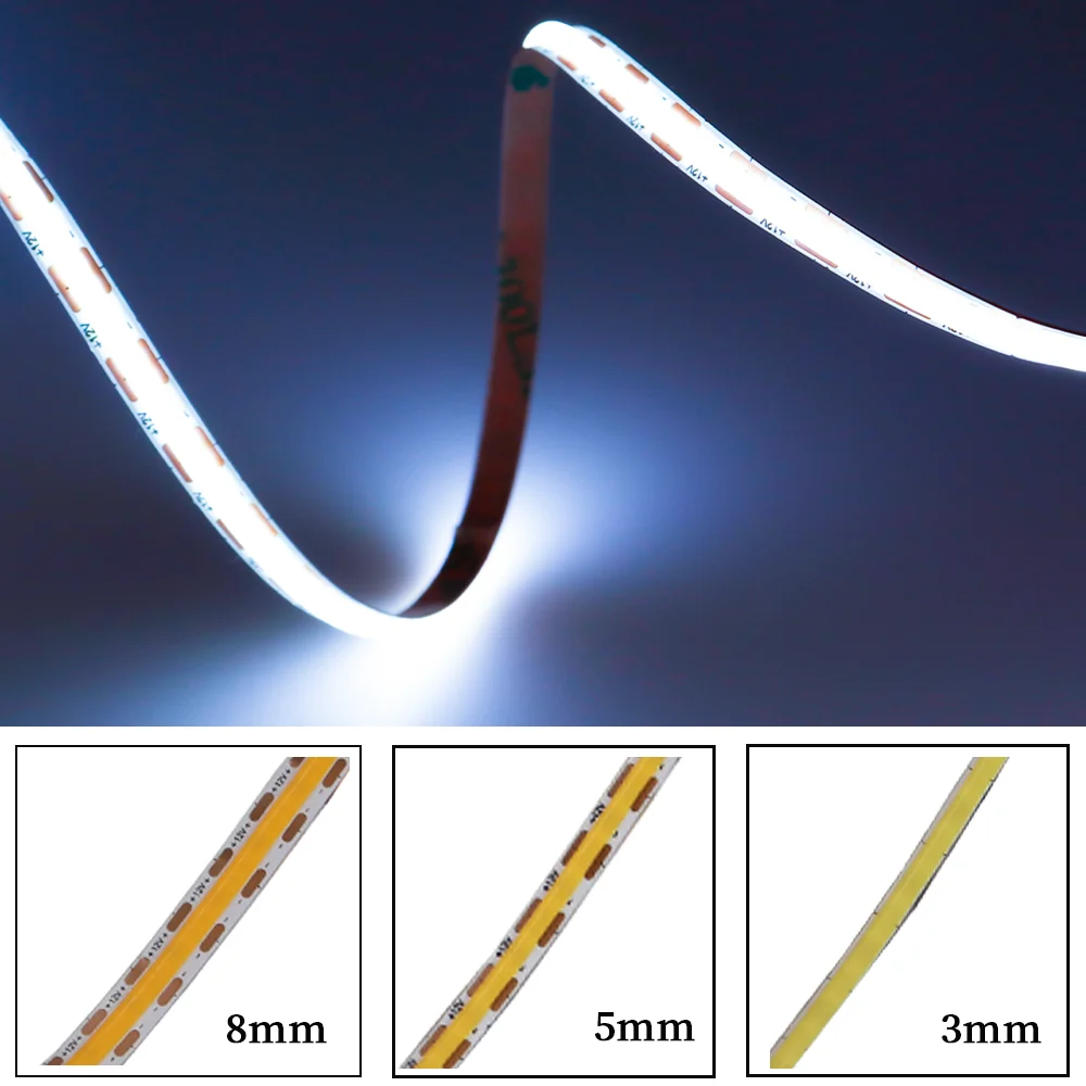 

3mm 5mm 8mm PCB COB LED Strip Ultra Thin soft Lights 400leds/m High Density Dimmable Flexible Linear LED RA90 Tape DC12V 24V