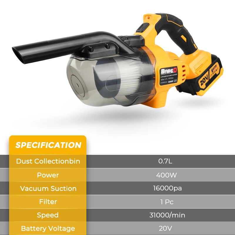 BABEQ 16KPA Electric Vacuum Cleaner Cordless Portable Rechargeable For Household Industrial Construction Clean Power Tools