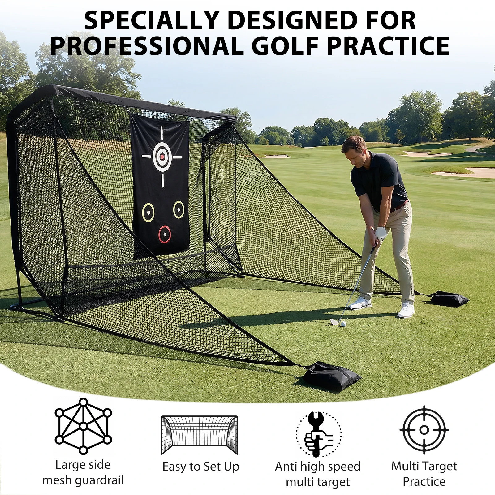

Сетка для тренировок по гольфу 10x7 футов с 2 боковыми барьерами и сумкой для хранения, для отработки ударов дома, на заднем дворе, в гараже, на улице