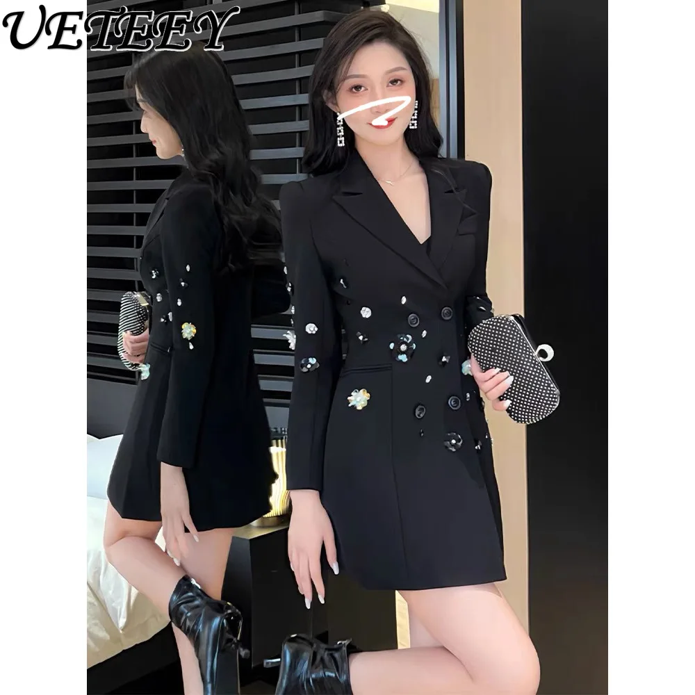 

Autumn New Women's Clothing Black Suit Dress Annual Meeting High Sense Temperament Double Breasted Mid-length Coat Dresses