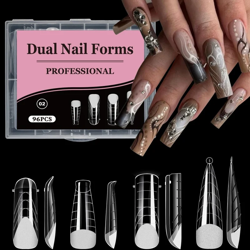 96pcs/Box Dual Forms False Nails Tips Sets For Gel Extension 4 IN 1 Quick Building French Nails Mold SoftManicure Tools