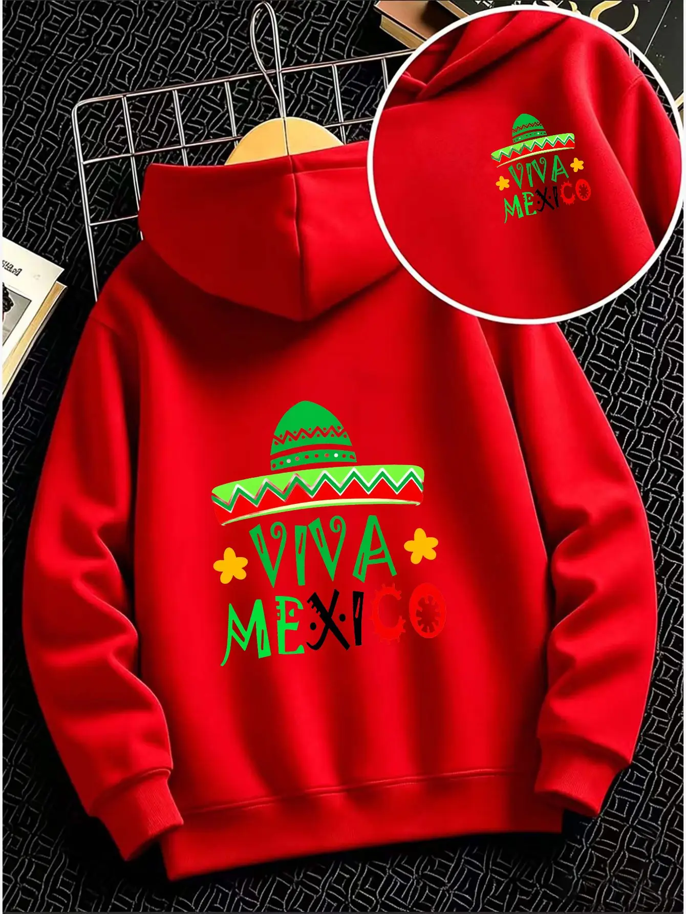 Autumn/Winter/Christmas unisex hooded jacket with a wide-brimmed Mexican sombrero pattern printed on the chest.