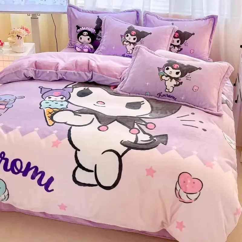 Sanrio Kuromi Hello kitty cute home winter comfortable and soft double-sided thickened warm milk velvet bed sheet set of four