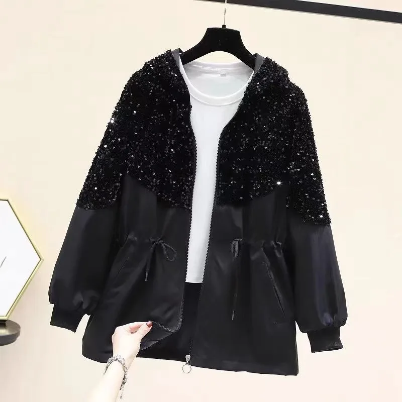 2024 Autumn and Winter European Version Trench Coat Large Size Heavy Industry Sequins Loose Hooded Long-sleeved Top Jacket Women