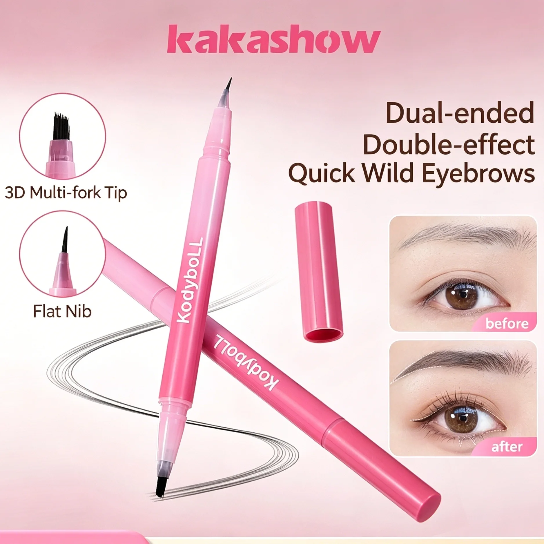 Lápiz de Cejas de Doble Punta Kodyboll, Diseño de Microhorquilla Angulada, Cejas Naturales y Voluminosas, Resistente al Agua y de Larga Duración para Maquillaje Diario