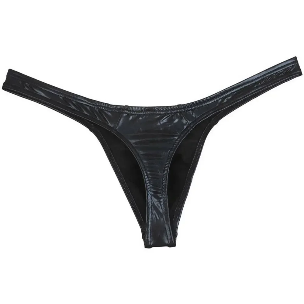 Men\'s Thong Faux Leather Panties Wet Look G-String T-back Bikini Briefs Underwear Fashion Swimwear Male Sensual Lingeries