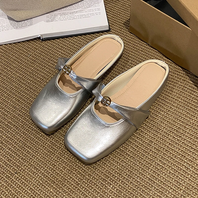 Women Silver Twist Strap Metal Buckle Mule Slippers Square Toe Closed‑Toe Flat Backless Slides Elegant Summer Shoes