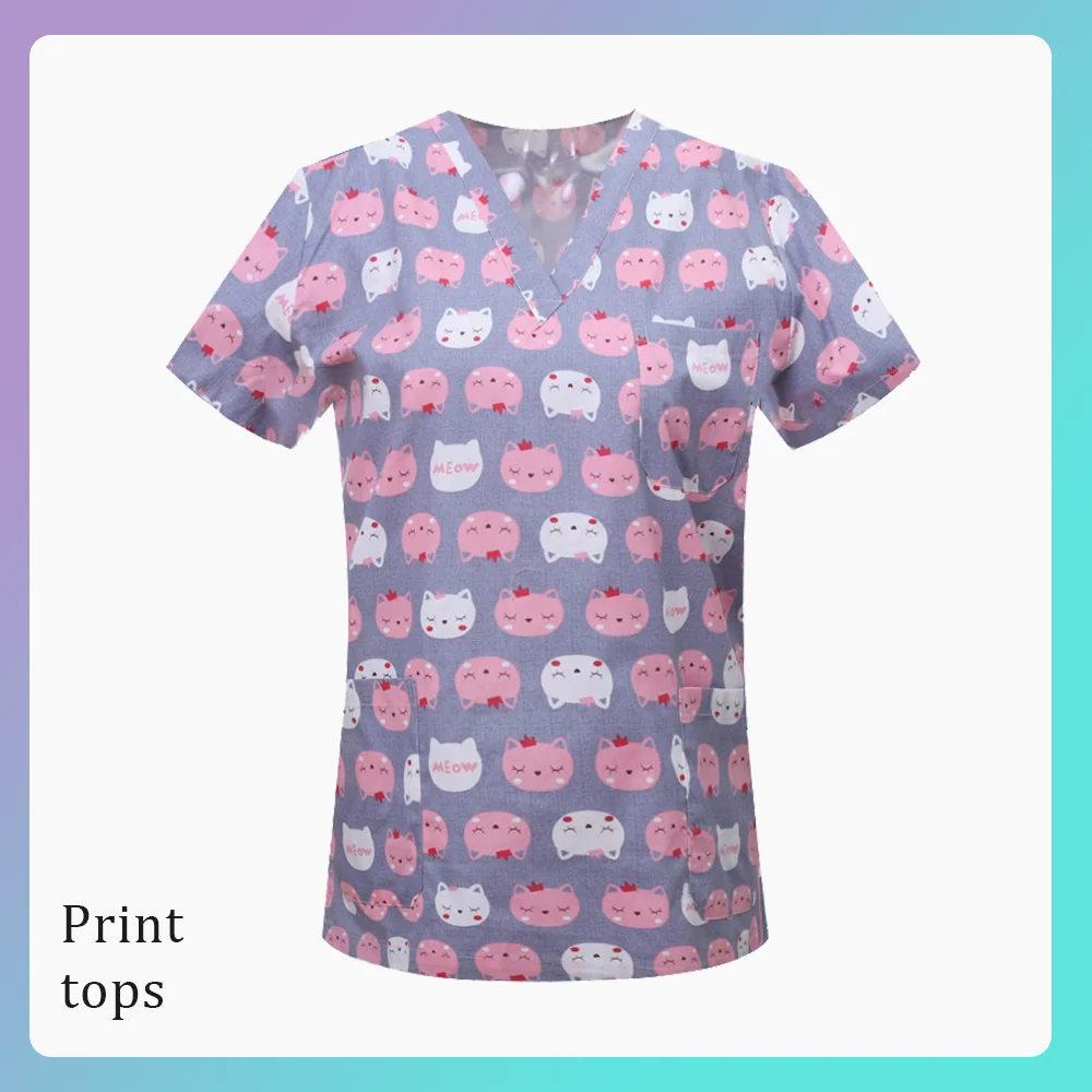 Nurse Doctor Pet Grooming Dentist Work Clothes Surgical Uniforms Woman Man 100% Cotton Printing Clinical Scrub Tops/Shirts S-XXL