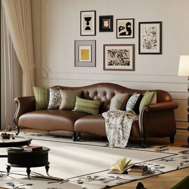 Leather sofa sofa American retro small apartment antique black brown sugar living room cloud French straight row wood