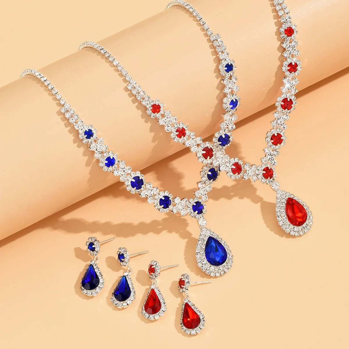 Collar y pendientes de circonita roja/verde/azul/negra/blanca para mujer, colgante de gota de agua, conjuntos de joyería para novia de boda