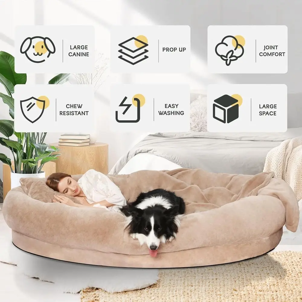 سرير كلب كبير لتقويم العظام مع وسادة وبطانية، فرو صناعي قابل للغسل، غطاء قابل للإزالة، 73x56x12 كاكي