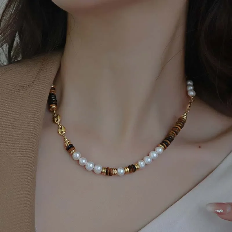 

Hot Sell Elegant Tiger's Eye Stone Natural Freshwater Pearl 14K Gold Filled Lady Chain Necklace Jewelry Women Birthday Gifts