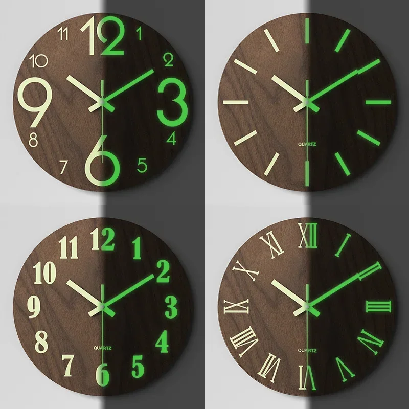 

12 Inch Luminous Wall Clock Wood Silent light in dark night Nordic Fashion Wall Clock Non Ticking Clock With Night Light