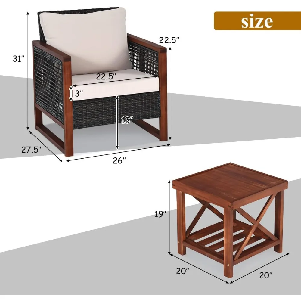 3 Pieces Patio Wicker Furniture Set,Rattan Outdoor Sofa Set w/Washable Cushion&Acacia Wood Coffee Table,Conversation Bistro Set