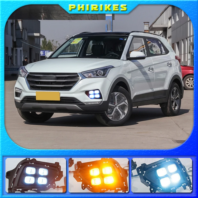 

2Pcs DRL For Hyundai Creta IX25 2017 2018 LED Daytime Running Light fog lamp South American version w/ yellow turn signal relay