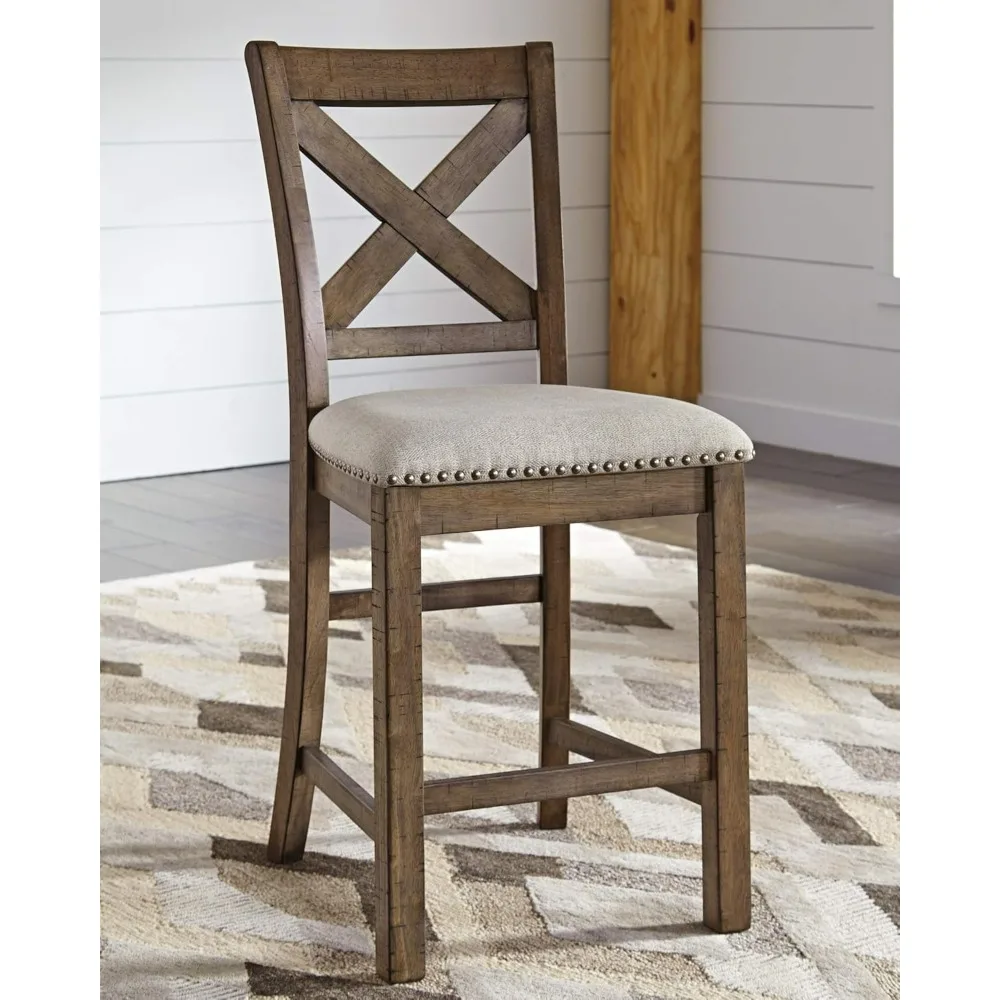 Moriville Rustic Farmhouse 24.5" Upholstered Barstool, 2 Count, Beige & Brown