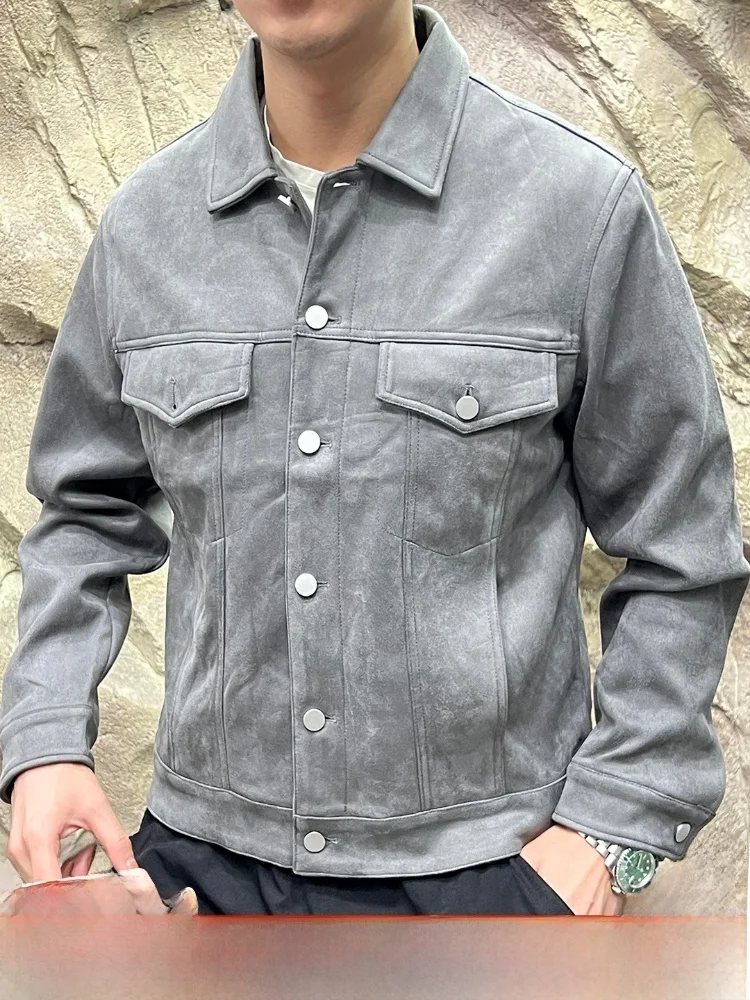 

Замшевая мужская приталенная куртка с модным джентльменским воротником, повседневная длинная теплая осенняя мода, полиэфирное волокно