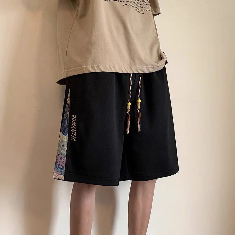Loose Fit Men's Embroidered Shorts Summer Bear Patchwork Five-Quarter Length Casual Sporty Teenage Size plus Size Leisure Pants