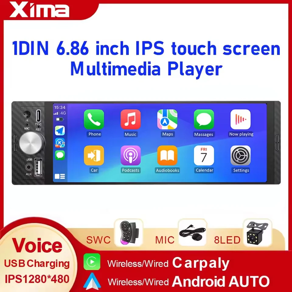 

XIMA 1Din Беспроводной CarPlay Android Auto Авто Радио FM Стерео MP5 Мультимедиа 1 Din Универсальный 6,86-дюймовый сенсорный экран Тип-C Зарядка