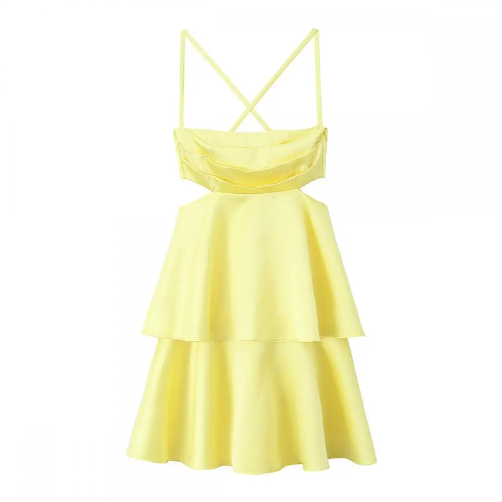 

Satin Tiered Cutout Suspender Mini Dress Woman Elegant Yellow Sleeveless Backless A Line Spaghetti Strap Mini Dress Lady Robes